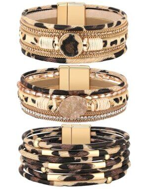 3 Pcs Western Bracelet‎ for Women Leather Multi Layer Wrap Bracelet Western